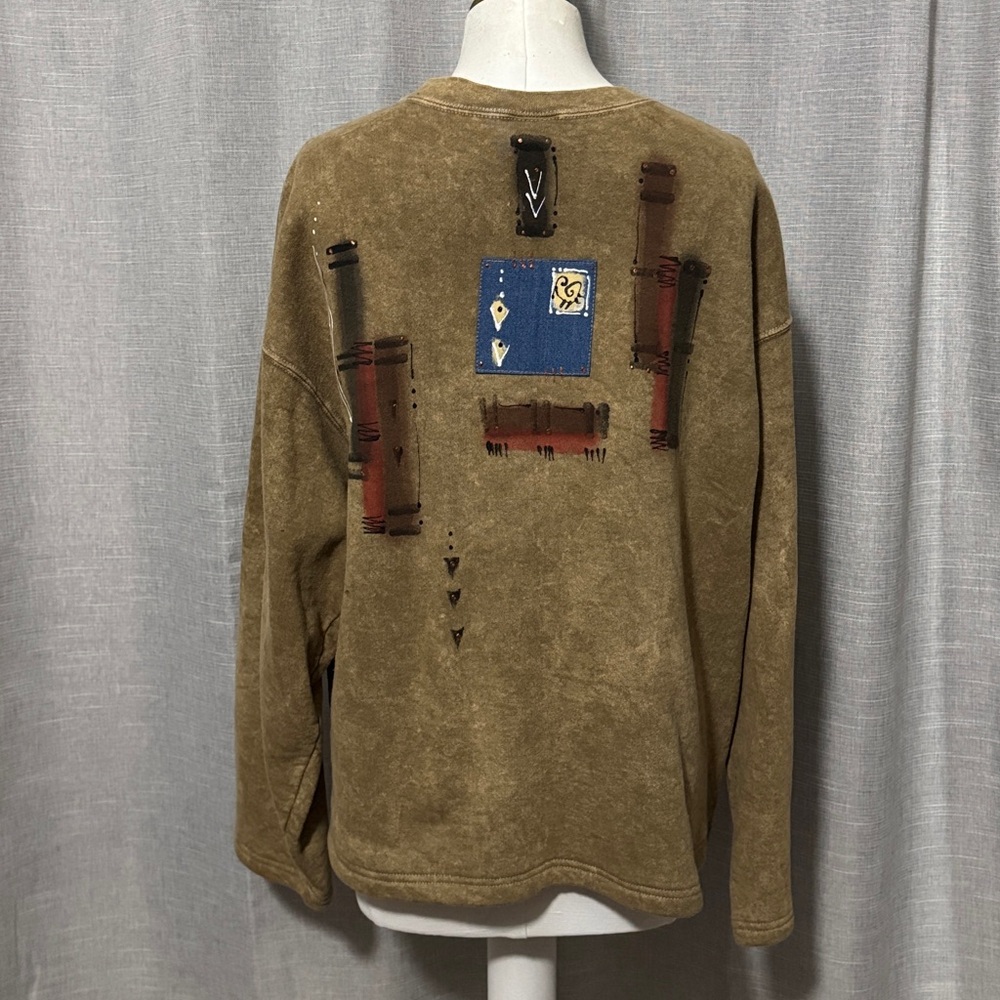 Vintage-Repurposed Sweatshirt-Tan-Abstract Detail-3 Button Toggle-Boxy Relaxed - Picture 2 of 16